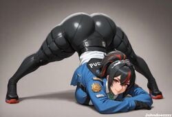 ai_generated athletic_female big_ass big_breasts black_hair curvy happy jack-o_pose looking_at_viewer necktie ponytail red_eyes tagme zenless_zone_zero zhu_yuan