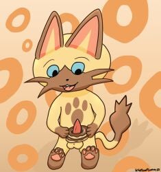 anthro balls blue_sclera bodily_fluids candy capcom chocolate cum cum_on_food dessert doughnut erection felid feline felyne food food_fetish food_play genital_fluids genitals hi_res improvised_sex_toy lynian male mammal masturbation monster_hunter navirou open_mouth pastry penis precum schattenflamme simple_background solo tapering_penis