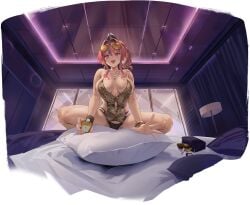 azur_lane bag belt black_background black_jacket black_shorts blanket blush bracelet breasts bremerton_(azur_lane) bremerton_(pillowed_counseling)_(azur_lane) cg cleavage clothing_cutout collarbone ear_piercing female fingernails full_body gold_bracelet grey_hair grin hair_between_eyes hair_down heart heart-shaped_pillow jacket jewelry large_breasts long_fingernails long_hair long_sleeves looking_at_viewer mole mole_on_breast mole_under_eye multicolored_hair nail_art nail_polish navel navel_piercing no_shoes off_shoulder official_alternate_costume official_alternate_hairstyle official_art piercing pillow pink_eyes pink_hair red_hair rug shirt short_shorts shorts sidelocks simple_background sitting skirt smile solo sparkle streaked_hair teeth thighhighs thighs two-tone_hair underwear wariza white_legwear white_nails white_thighhighs