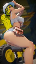 1girls ass blonde_female blonde_hair clothed_female construction_helmet construction_site construction_worker female jic_jic long_hair long_hair_female no_bra purple_eyes rwby short_shorts solo_female tank_top tool_belt underboob yang_xiao_long