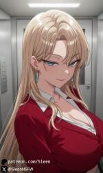 1girls ai_generated big_breasts blonde_female blonde_hair blonde_hair_female blue_eyes breasts busty cleavage clothed clothed_female clothing elevator eye_contact female huge_breasts kurashiki_reika looking_at_viewer mature_female milf red_jacket saimin_seishidou shirt sleen smile smiling smiling_at_viewer voluptuous voluptuous_female