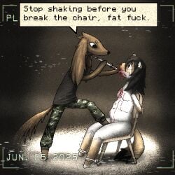 anthro arms_tied belly black_hair blood bodily_fluids bound camo camo_clothing camo_print canid canine canis clothing domestic_dog duo gore hair hunting_dog iziks iziks_(character) knife knife_in_mouth legs_tied male mammal mustelid musteline nosebleed nude_male object_in_mouth overweight overweight_male pattern_clothing pixelated profanity saluki sighthound stoat tears_of_pain tied_to_chair true_musteline vhs vhs_artifacts vhs_filter weasel xetrio