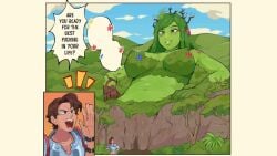 adventurer armor battiburral_(va) black_eyes brown_hair clothed clothed_male diforland giantess green_hair green_skin mamablu mother_nature original pussy short_hair sound spread_legs video voice_acted