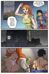 black_hair clothes_removed comic comic_page doujinshi doujinshi_page hotel hotel_room monkey_d_luffy nami_(one_piece) one_piece orange_hair ponytail raining shampowrado