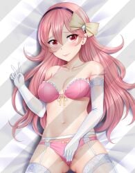 1girls alternate_color alternate_eye_color alternate_hair_color ass_visible_through_thighs bare_shoulders bare_thighs bow bra breasts collarbone corrin_(fire_emblem) corrin_(fire_emblem)_(female) dakimakura elbow_gloves female_only fingering fingering_self fire_emblem fire_emblem_fates garter_belt gloves hair_between_eyes hairband long_hair looking_at_viewer medium_breasts moe_market nintendo off_shoulder on_back on_bed panties pink_eyes pink_hair pink_panties pointy_ears rubbing_pussy smile solo thighhighs thighs underwear v