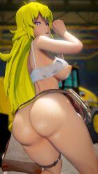 1girls ass ass_focus blonde_female blonde_hair breasts half-dressed half_naked half_naked_female jic_jic long_hair long_hair_female no_panties no_pants no_shorts purple_eyes rwby solo_female tank_top tank_top_lift tool_belt yang_xiao_long