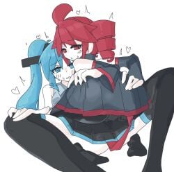 2025 2d 2d_(artwork) 2girls ambiguous_genitalia ass_through_clothes blue_eyes blue_hair blush_lines chimera clothing crypton_future_media curious drill_curls drill_hair female female_on_female female_on_top focus_on_ass grabbing_ass grabbing_own_ass hatsune_miku heart_symbol implied_fingering implied_sex implied_yuri kasane_teto lewd_expression lewd_face light-skinned_female red_eyes red_hair school_uniform sweating sweating_female t2e1o1_(artist) tail thighhighs twin_drills utau utauloid vocaloid white_background
