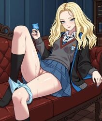 ai_generated blonde_hair blue_condom blue_eyes blue_panties blue_skirt blue_tie condom condom_wrapper exposed_pussy exposed_vagina female female female_focus harry_potter high_quality high_resolution hogwarts hogwarts_robe hogwarts_school_uniform hogwarts_student holding_condom holding_condom_wrapper juicy_pussy long_hair looking_at_viewer luna_lovegood on_couch panties panties_around_leg panties_around_one_leg pussy pussy_juice pussy_juice_drip ravenclaw ravenclaw_school_uniform ravenclaw_tie seductive seductive_eyes seductive_look seductive_smile skirt stable_diffusion tie vagina vaginal_fluids vaginal_juices wet_panties wet_pussy wet_vagina