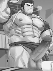 1boy abs balls bara blush bulge chest cowboy_shot erection facial_hair greyscale large_penis looking_at_viewer lucas_lee male male_focus masculine_male monochrome multicolored_hair muscles nipples pectorals penis scar short_hair simple_background smile solo testicles thick_eyebrows thick_thighs thighs underwear upper_body veins