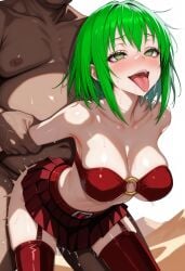 1boy 1girls ai_generated arm_grab arm_held_back bandeau belt bent_over bikini_top_only blush boreru_aaze cleavage clothed_sex collarbone dark-skinned_male dark_skin echidna_(maha_no_hanashi) encantada_(vocaloid) fat_male fat_man female garter_straps green_eyes green_hair gumi illustrious_(stable_diffusion) large_breasts maha_no_hanashi male male/female masa_works_design milua navel o-ring o-ring_top open_mouth pleated_skirt red_bikini red_boots red_skirt saliva self_upload sex sex_from_behind skirt smile standing standing_sex sweat thigh_boots tongue tongue_out vocaloid