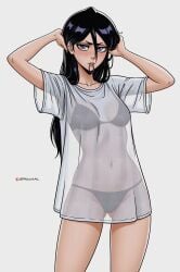 1girls ai_assisted belly_button bikini black_bikini black_hair bleach bleach:_the_thousand-year_blood_war bra female female_only kuchiki_rukia long_hair oversized_shirt panties petite prixmal see-through see-through_clothing see-through_shirt shirt slim slim_waist solo
