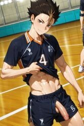 1boy 1male abs ai_generated blush blushing_at_viewer cock dick erection gay haikyuu!! indoor indoors inside looking_at_viewer male nishinoya_yuu penis penis_out solo solo_male standing sweat tagme yaoi