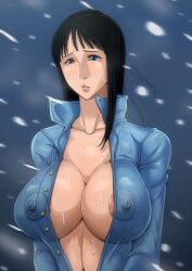 1girls areola_bulge areola_bumps areola_slip areolae areolae_visible_through_clothing belly belly_button bkyu black_hair blue_eyes blue_shirt blush braless breasts breasts_out busty buttons cleavage collarbone covered_areolae covered_breasts covered_erect_nipples erect_nipples female female_only hair_blowing hair_strand hi_res high_resolution highres huge_areolae huge_breasts huge_nipples long_hair navel nico_robin nipple_bulge nipples nipples_visible_through_clothing no_bra one_piece only_female open_clothes open_shirt outside partially_clothed perky_breasts perky_nipples puffy_areola puffy_areolae puffy_areolae_under_clothes puffy_nipples raised_eyebrows shounen_jump single_female slave snow snowflake snowing solo standing sweat sweatdrop sweating sweaty top_heavy unbuttoned unbuttoned_shirt upper_body voluptuous wet wet_body wet_breasts winter worried worried_expression worried_face worried_look