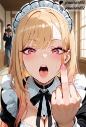 1boy ai_generated apron bangs black_dress black_ribbon blonde_hair blush bowtie breasts camera choker cleavage clothing dress ear_piercing earrings enmaided female frills headdress headwear heart holding holding_camera indoors jennieart02 jewelry kitagawa_marin large_breasts long_hair long_sleeves looking_at_viewer maid maid_apron maid_headdress male marin_kitagawa multicolored_hair my_dress_up_darling nail_polish neck_ribbon open_mouth patreon patreon_logo patreon_username piercing pink_eyes pink_nails red_eyes ribbon saliva solo sono_bisque_doll_wa_koi_wo_suru sweat swept_bangs teeth tongue tongue_out tongue_piercing twitter twitter_username uniform upper_body upper_teeth_only watermark