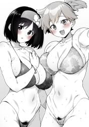 2girls :d armpits asymmetrical_hair bangs bare_shoulders bikini blush bodily_fluids bracelet breasts cameltoe clavicle cleavage clothing erika_(pokemon) female female_only female_pubic_hair floral_print gym_leader hairband hand_on_chest hand_on_own_chest headband headwear high_resolution huge_breasts jewelry kasumi_(pokemon) large_breasts looking_at_viewer multiple_girls navel nipples oerba_yun_fang open-mouth_smile open_mouth pokemon pokemon_character ponytail pubic_hair pubic_hair_peek short_hair side_ponytail sirokuma smile standing sweat swimsuit thick_thighs thighs tied_hair wet wide_hips