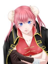 aged_up blue_eyes bun_cover chinese_clothes crop_top cum cum_on_face double_bun facial female female_only gintama jacket_on_shoulders kagura_(gintama) long_hair looking_at_viewer medium_breasts nipple_bulge official_alternate_costume pink_hair shinsengumi_(gintama) solo twintails upper_body wearing_others_clothes