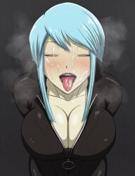 big_breasts black_jacket black_lipstick blue_eyes blue_hair cumshot facial megami_tensei nemissa_(megami_tensei) semen shin_megami_tensei soul_hackers