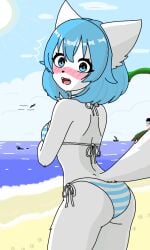 anthro ass beach bikini blue_eyes blue_hair blush breasts cute drawing embarrassed embarrassed_female furry looking_at_viewer looking_back_at_viewer self_upload striped_bikini sunny vtuber vtuberfanart white_fur wolf_ears wolf_girl wolf_humanoid wolf_tail wolfychu youtube youtuber