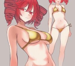1girls 2d 2d_(artwork) @_@ belly bikini blush blush breasts curvy curvy_female curvy_figure embarrassed embarrassed_female female female_only gold_bikini golden_bikini golden_week kasane_teto looking_at_viewer medium_breasts navel open_mouth red_eyes red_hair side-tie_bikini simple_background slim_girl slim_waist small_bikini thick_thighs thighs twin_drills utau wide_hips