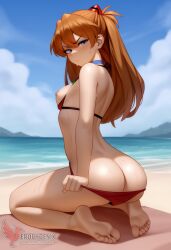 1girls 2d ai_generated areolae ass asuka_langley_sohryu back bare_shoulders beach big_ass bikini bikini_pull bikini_top blue_eyes day erophoenix female female_focus full_body long_hair looking_at_viewer neon_genesis_evangelion ocean orange_hair outdoors pale_skin pale_skinned_female patreon_username red_bikini sky small_breasts solo swimsuit thick thick_thighs uncensored