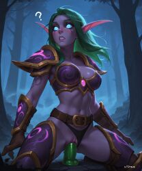 ai_generated armor artas9972 belt blush dildo dildo_in_pussy dildo_penetration dildo_riding dildo_sitting elf elf_ears elf_female forest gloves green_hair night_elf panties panties_aside surprise surprised warcraft world_of_warcraft