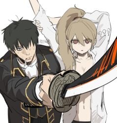 1boy 1girls ? arms_up brown_hair canon_genderswap cleavage confusion convenient_censoring covering_breasts dress_shirt empty_eyes expressionless female genderswap_(mtf) gimfeelseung gintama hijikata_toshiro katana light_brown_hair long_hair looking_at_viewer male nervous okita_sougo okita_souko police_officer police_uniform ponytail red_eyes rule_63 shinsengumi_(gintama) side_ponytail smoking stretching sweat sword weapon