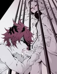 2boys aotsuki_eito bars blue_eyes blush commentary drawstring english_commentary erection fellatio glasses gloves hand_on_another's_head highres hood hooded_jacket jacket male_focus male_pubic_hair multicolored_hair multiple_boys oral pants penis pubic_hair red_hair saliva samanneiamart short_hair signature skinny spot_color streaked_hair sumino_takumi sweat the_hundred_line_-last_defense_academy- unzipped yaoi young