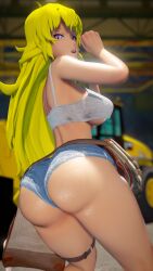 1girls ass ass_focus clothed_female jic_jic long_hair long_hair_female purple_eyes rwby short_shorts solo_female tank_top tool_belt yang_xiao_long