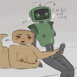 antennae anthro areolae blush blushing breasts breasts_out brown_eyes cum dandy's_world dandys_world girl_on_girl green_eyes hand_on_penis handjob laying_down laying_on_stomach looking_at_penis naked naked_female nipples penis precum roblox robot robot_girl shell shelly_(dandy's_world) sitting steam steamy_breath text tv_head vee_(dandy's_world)