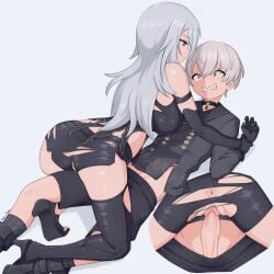 1boy 1girls anus ass big_ass blue_eyes censored clothing erect_penis erection female femboy femdom kai-too light-skinned_female light-skinned_male light_skin long_hair male nier nier:_automata penis rape red_eyes restrained sex short_hair shorts shorts_down torn_clothes trap vagina vaginal_sex white_background white_hair yorha_9s yorha_a2