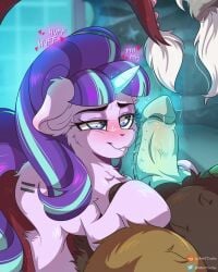 1boy 1girls blue_eyes cave discord_(mlp) dragon female female_on_top horse male male/female mett_04 mlp_g4 my_little_pony my_little_pony pink_fur pony ponytail purple_hair speech_bubble spit starlight_glimmer starlight_glimmer_(mlp) text wet