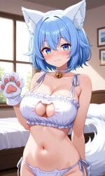 1girls ai ai-created ai_art ai_generated big_breasts blue_eyes blue_hair blush breasts female lingerie lingerie_bra lingerie_panties looking_at_viewer pixai smile smiling_at_viewer tagme virtual_youtuber vtuber white_fur wolf wolf_ears wolf_girl wolf_humanoid wolf_tail wolfychu youtube youtuber