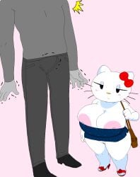 1boy anthro breasts clothing dream-cassette female hello_kitty hello_kitty_(character) hello_kitty_(series) hoshime kitty_white male mob_face nipple_slip sanrio shortstack tagme tiny