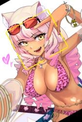 big_breasts bikini blush breasts cleavage fate/grand_order fate_(series) happy katana mor_(morfowfow) open_mouth peace_sign selfie smile suzuka_gozen_(fate) suzuka_gozen_(swimsuit_rider)_(fate) swimsuit sword tagme upper_body