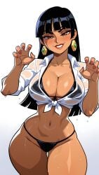ai_generated ass_visible_through_thighs bangs bikini black_bikini black_hair blunt_bangs blush breasts brown_eyes chel_(the_road_to_el_dorado) claw_pose cleavage collarbone collared_shirt curvy dark-skinned_female dark_skin earrings female female_only fingernails front-tie_top gradient gradient_background grin hands_up hime_cut jewelry large_breasts lips long_hair looking_at_viewer makeup mayrainart midriff nail_polish narrow_waist navel nico_robin one_piece parted_lips red_nails see-through see-through_shirt shirt short_sleeves simple_background skindentation smile solo standing stomach straight_hair swimsuit tan teeth the_road_to_el_dorado thick_thighs thigh_gap thighs tied_shirt wet wet_clothes wet_shirt white_background white_shirt wide_hips