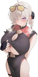 absurdres ahoge arm_behind_back black_dress black_gloves blush breasts china_dress chinese_clothes cleavage cleavage_cutout clothes_lift clothing_cutout commentary_request dress dress_lift eyes_visible_through_hair eyewear_on_head female fingerless_gloves gloves gold_trim hair_over_one_eye highres huge_breasts long_hair looking_at_viewer pelvic_curtain purple_eyes round_eyewear short_twintails side_slit simple_background smile solo steam sweat sweety_(zenless_zone_zero) thigh_strap thighs tinted_eyewear twintails white_background white_hair yomare zenless_zone_zero