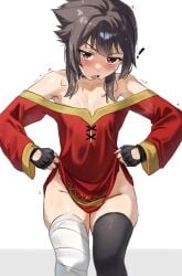 ! 1girl bandaged_leg bandages bare_shoulders black_thighhighs blush breasts brown_hair clothes_lift collarbone commentary dress dress_lift feet_out_of_frame fingerless_gloves gloves groin highres kono_subarashii_sekai_ni_shukufuku_wo! long_sleeves looking_at_viewer megumin no_panties open_mouth red_dress red_eyes shiny_skin short_hair_with_long_locks simple_background small_breasts solo sweat thighhighs waligner white_background