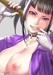 1girls alternate_costume bangs black_nails blakc_hair blunt_bangs bracelet breasts breasts_out capcom choker cleavage female female_only finger_in_mouth holding_object holding_weapon jewelry juri_han large_breasts looking_at_viewer multicolored_nails nail_polish necklace open_shirt pink_eyes pink_nails sidelocks solo spiked_choker spiked_collar spikes street_fighter street_fighter_v upper_body wrapped_hands yagi_(joe731842)