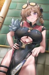 absurdres ahoge black_dress blonde_hair breasts china_dress chinese_clothes cleavage_cutout clothing_cutout commentary cowboy_shot dress eyewear_on_head female groin hair_over_one_eye hand_fan highres holding holding_fan large_breasts light_smile looking_at_viewer oldbug pelvic_curtain pink_nails purple_eyes short_twintails smile solo sunglasses sweety_(zenless_zone_zero) thigh_strap thighs tinted_eyewear twintails two-tone_dress underboob_cutout zenless_zone_zero