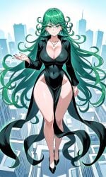 1girls aged_up ai_generated alternate_breast_size black_dress female female_only green_eyes green_hair heels large_breasts long_hair milf one-punch_man solo tatsumaki thick_thighs valkris9 white_body wide_hips