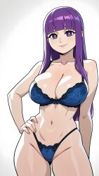 ai_generated arm_behind_back ass_visible_through_thighs bangs bare_arms bare_shoulders blue_bra blue_panties blunt_bangs blush bow bow_bra bow_panties bra breasts bright_pupils cleavage closed_mouth collarbone contrapposto female female_only fern_(sousou_no_frieren) frieren_beyond_journey's_end gradient gradient_background groin hand_on_hip highleg highleg_panties hime_cut lace lace-trimmed_bra lace-trimmed_panties lace_trim large_breasts lingerie lips long_hair looking_at_viewer mayrainart navel panties purple_eyes purple_hair shiny shiny_hair shiny_skin sidelocks simple_background skindentation smile solo standing stomach straight_hair thighs underwear underwear_only white_background white_pupils wide_hips