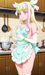 1girls ai_generated apron cure_zukyoon female female_only green_hair idol kimi_to_idol_precure kite_gt light-skinned_female light_skin magical_girl multicolored_hair naked naked_apron nude nude_female precure pretty_cure purirun purirun_(kimi_to_idol_precure) solo toei_animation white_hair