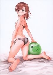 1girls 2020s 2022 :< absurd_res animal_print ass ball bare_back bare_legs bare_shoulders barefoot beachball bed_sheet big_ass bikini black_bikini blush breasts brown_eyes brown_hair female flower_in_hair frog_print from_behind full_body gekota hair_flower hair_ornament hairpin hi_res hips isshi_pyuma kneeling looking_at_viewer looking_back matching_hair/eyes misaka_mikoto scan shiny shiny_hair short_hair shoulder_blades sideboob small_breasts soles solo swimsuit teenage_ass teenage_girl teenage_tits teenager thick_thighs thighs to_aru_kagaku_no_railgun to_aru_majutsu_no_index toes white_background wide_hips young young_female