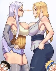 2boys 2girls artist_name ayase_seiko bare_arms bare_shoulders blonde_hair breast_press breasts brown_eyes commentary confrontation crossover dandadan detached_sleeves dolphin_shorts earrings english_commentary face-to-face facial_mark female forehead_mark glasses gradient_background grey_sleeves grey_thighhighs hair_down hands_on_own_hips haramaki highres hoop_earrings jewelry large_breasts lightning_glare long_hair looking_at_another luchidart male mature_female multiple_boys multiple_girls naruto naruto_(classic) naruto_(series) pants parted_bangs parted_lips purple_shorts red-framed_eyewear semi-rimless_eyewear shirt short_shorts shorts sleeveless sleeveless_shirt stare_down symmetrical_docking takakura_ken_(dandadan) tank_top thick_thighs thighhighs thighs tsunade_(naruto) uzumaki_naruto very_long_hair white_hair white_tank_top