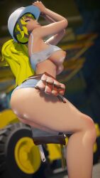 1girls ass blonde_female blonde_hair breasts construction_helmet construction_site female jic_jic long_hair long_hair_female purple_eyes revealing_breasts rwby solo_female tank_top tank_top_lift tool_belt yang_xiao_long