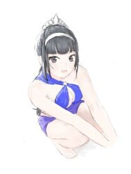 barefoot black_hair breasts cleavage crouching feet female female_focus grey_eyes highres kyoshika_magadori looking_at_viewer magadori_kyoshika open_mouth simple_background solo solo_focus swimsuit the_hundred_line_-last_defense_academy- toes white_background