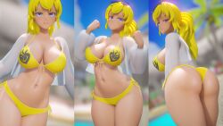 1girls ass bikini bikini_bottom bikini_top blonde_female blonde_hair cleavage jic_jic long_hair long_hair_female ponytail pose posing purple_eyes rwby see-through_jacket solo_female yang_xiao_long