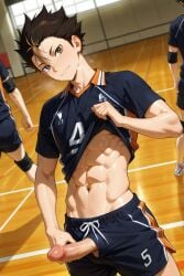 1boy 1male abs ai_generated blush blushing_at_viewer cock dick erection gay haikyuu!! indoor indoors inside looking_at_viewer male nishinoya_yuu penis penis_out solo solo_male standing sweat tagme yaoi