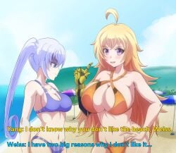2girls beach bikini bikini_bottom bikini_top blonde_female blonde_hair jealous jealous_female jealous_look long_hair long_hair_female looking_at_breasts maikbeelzebub robotic_arm rwby weiss_schnee white_hair white_hair_female yang_xiao_long