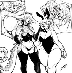 2021 2girls alternate_breast_size big_breasts blush body_markings bunny_ears bunnysuit corset cuffs fishnets grin horny league_of_legends league_of_legends:_wild_rift leather madsuwu monochrome neeko qiyana_yunalai small_breasts smirk smirking stockings tagme tail thick_thighs thighhighs thighs